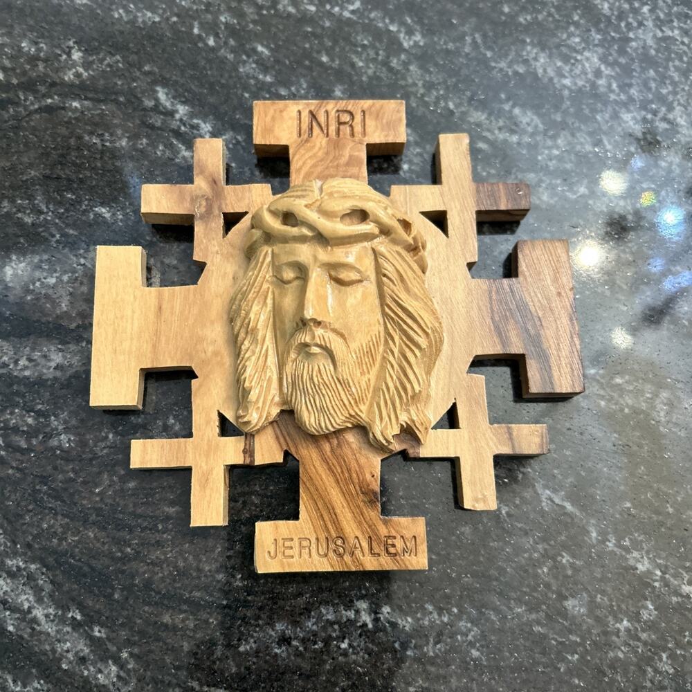 Jerusalem Cross with 3D Jesus, Made in Israel, 5" x 5", Olive Wood